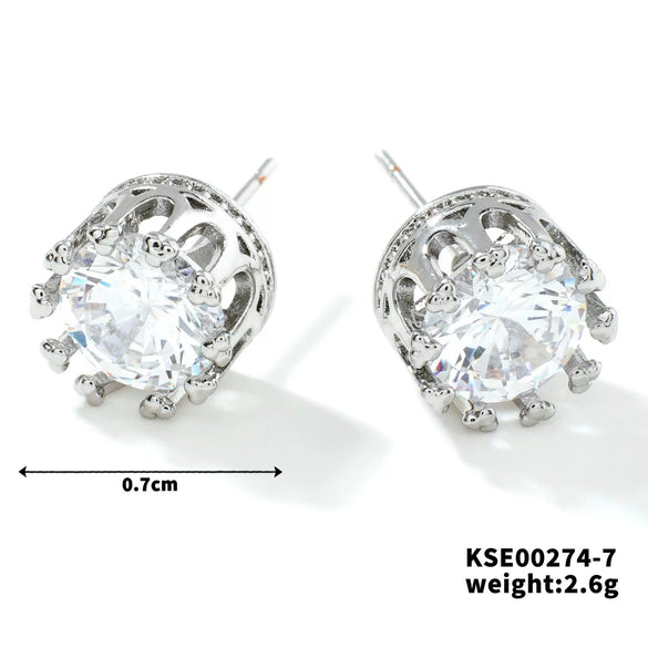 Fashionable Exquisite Gold Electroplated Titanium Steel Copper Earrings With Crown Pattern And Super Flash Zircon