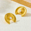 Fashionable Fanshaped Pearl Stainless Steel Goldplated Earrings For Women