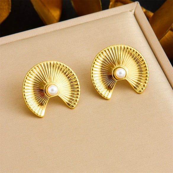 Fashionable Fanshaped Pearl Stainless Steel Goldplated Earrings For Women