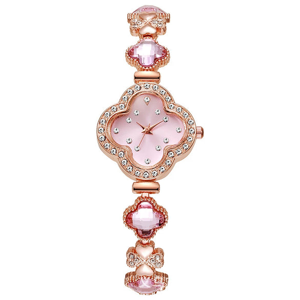 Fashionable Fresh Style Women's Alloy And Stainless Steel Rhinestone Fourleaf Clover Bracelet Watch