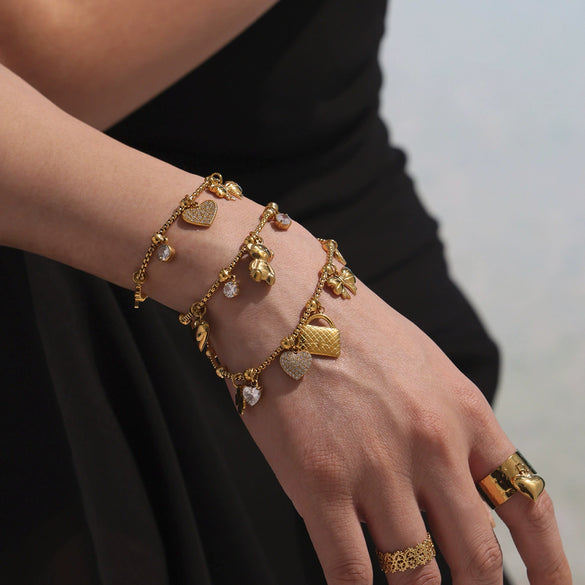 Fashionable Geometric Stainless Steel Goldplated Ferris Wheel Heart Bow Multiaccessory Bracelet And Anklet For Women