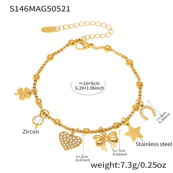 Fashionable Geometric Stainless Steel Goldplated Ferris Wheel Heart Bow Multiaccessory Bracelet And Anklet For Women