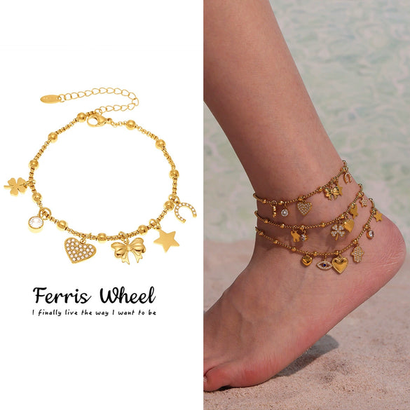 Fashionable Geometric Stainless Steel Goldplated Ferris Wheel Heart Bow Multiaccessory Bracelet And Anklet For Women