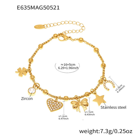 Fashionable Geometric Stainless Steel Goldplated Ferris Wheel Heart Bow Multiaccessory Bracelet And Anklet For Women