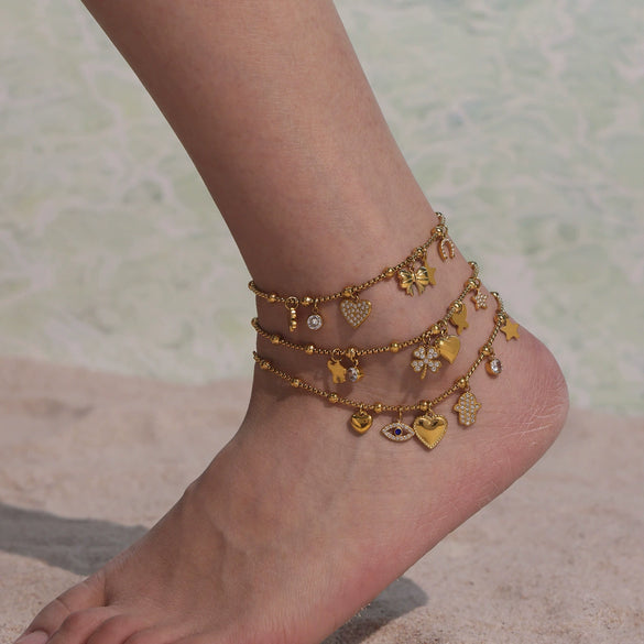 Fashionable Geometric Stainless Steel Goldplated Ferris Wheel Heart Bow Multiaccessory Bracelet And Anklet For Women