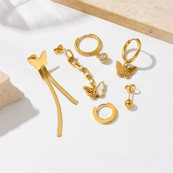 Fashionable Goldplated Stainless Steel Jewelry Set With Chain Tassel Butterfly Circle Earrings