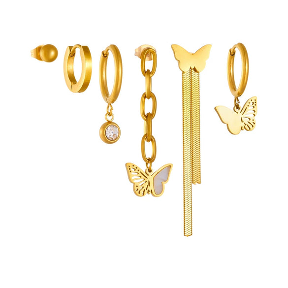 Fashionable Goldplated Stainless Steel Jewelry Set With Chain Tassel Butterfly Circle Earrings