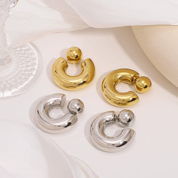 Fashionable Hollow C Shaped Women's Front And Rear Two Wear Titanium Steel And Stainless Steel Earrings With Vacuum Furnace Electroplating In Simple Style