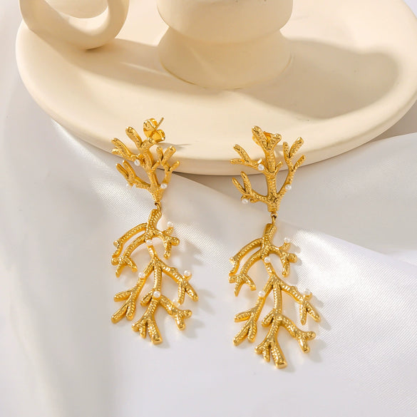 Fashionable 18K Gold Plated Stainless Steel Coral Shape Pearl Texture Pendant Earrings For Women With 18K Vacuum Plating In Furnace