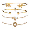 Fashionable Leaves Diamond Knot Hollow Carved Fourpiece Alloy Bracelet Set With Electroplating And Natural Style