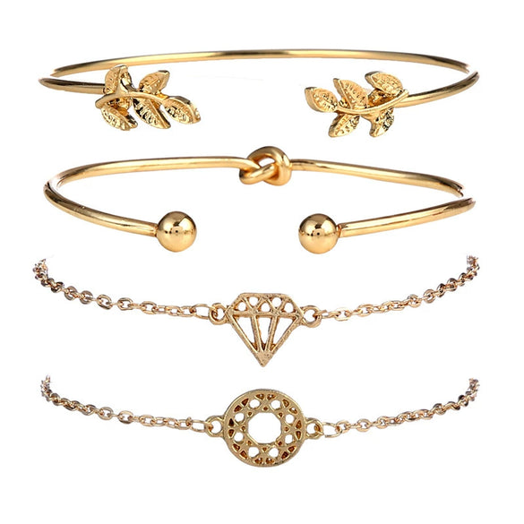 Fashionable Leaves Diamond Knot Hollow Carved Fourpiece Alloy Bracelet Set With Electroplating And Natural Style