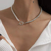 Fashionable Long Bead Chain Stacking Necklace Retro Style Pearl Ot Buckle Alloy Geometric Pattern Necklace