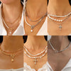 Fashionable Long Bead Chain Stacking Necklace Retro Style Pearl Ot Buckle Alloy Geometric Pattern Necklace