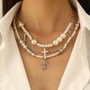 Fashionable Long Bead Chain Stacking Necklace Retro Style Pearl Ot Buckle Alloy Geometric Pattern Necklace