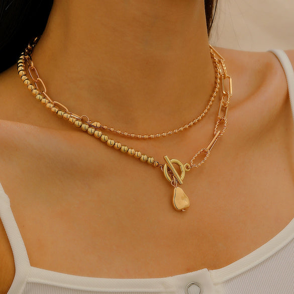 Fashionable Long Bead Chain Stacking Necklace Retro Style Pearl Ot Buckle Alloy Geometric Pattern Necklace