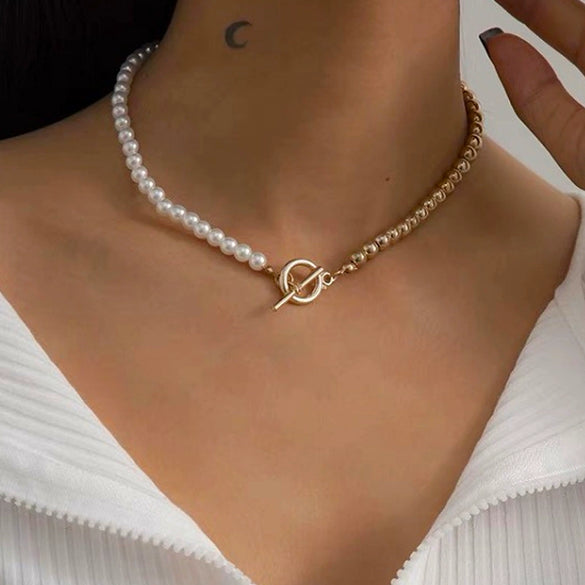 Fashionable Long Bead Chain Stacking Necklace Retro Style Pearl Ot Buckle Alloy Geometric Pattern Necklace