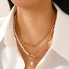 Fashionable Long Bead Chain Stacking Necklace Retro Style Pearl Ot Buckle Alloy Geometric Pattern Necklace