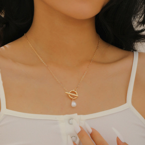 Fashionable Long Bead Chain Stacking Necklace Retro Style Pearl Ot Buckle Alloy Geometric Pattern Necklace