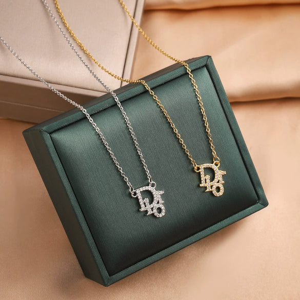 Fashionable Luxury Necklace With Micropaved Zircon And Real Gold Pendant Copper Electroplating Titanium Steel Geometric Pattern For Women