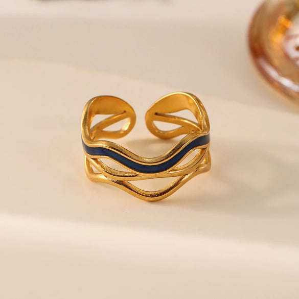 Fashionable Luxury Style Colorful Oil Dripping Stainless Steel Ring With Cut Out Line Dot Heart Electroplated Adjustable For Women