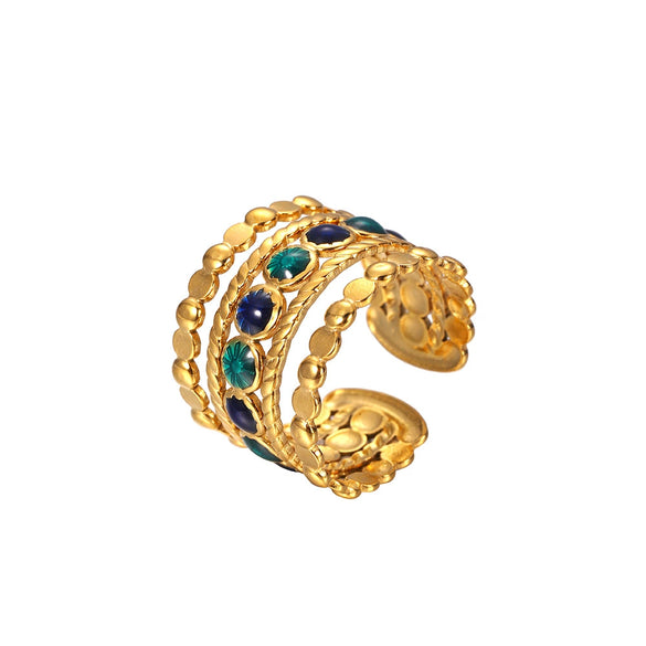 Fashionable Luxury Style Colorful Oil Dripping Stainless Steel Ring With Cut Out Line Dot Heart Electroplated Adjustable For Women