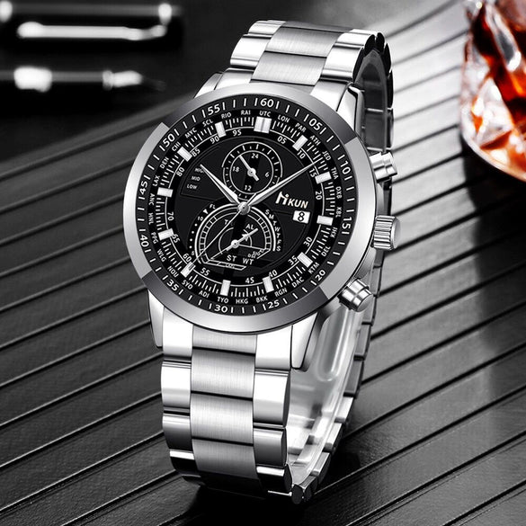 Fashionable Men's Alloy Band Quartz Watch And Lion Pendant Necklace
