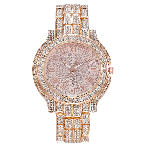 Fashionable Men's Watch Stainless Steel Band Diamondencrusted Round Dial Quartz With Roman Numerals