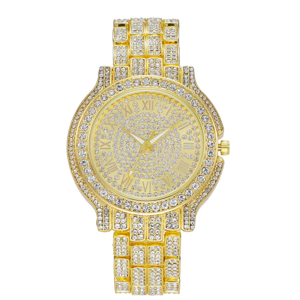 Fashionable Men's Watch Stainless Steel Band Diamondencrusted Round Dial Quartz With Roman Numerals