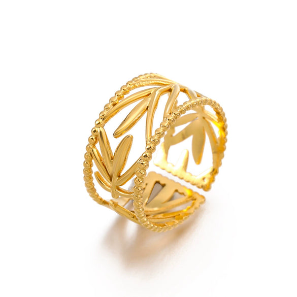 Fashionable Opening Adjustable Stainless Steel Leaf Ring 18K Goldplated