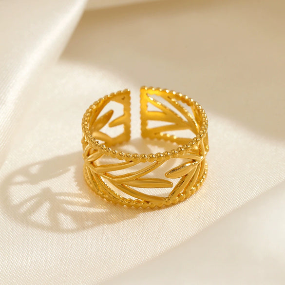Fashionable Opening Adjustable Stainless Steel Leaf Ring 18K Goldplated