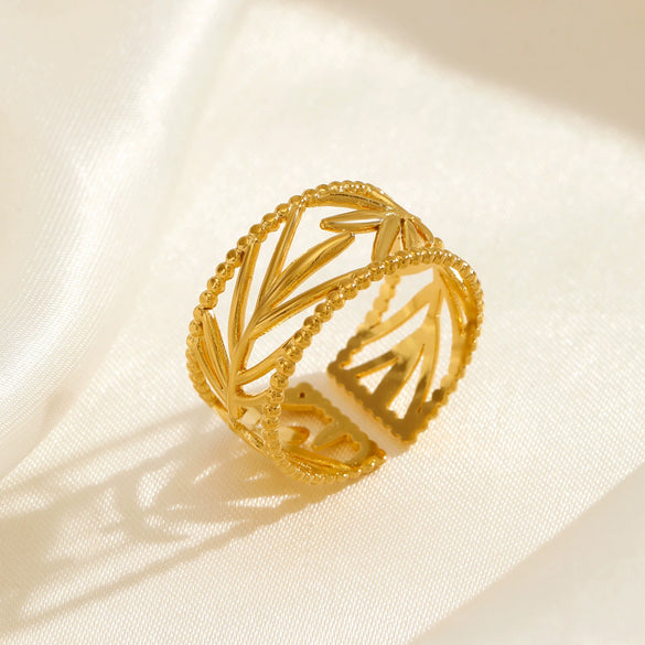 Fashionable Opening Adjustable Stainless Steel Leaf Ring 18K Goldplated
