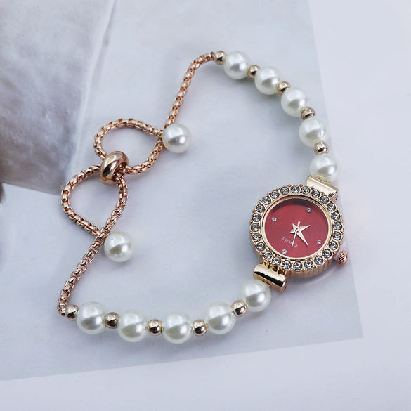 Fashionable Pearl Alloy Round Dial Female Student Watch
