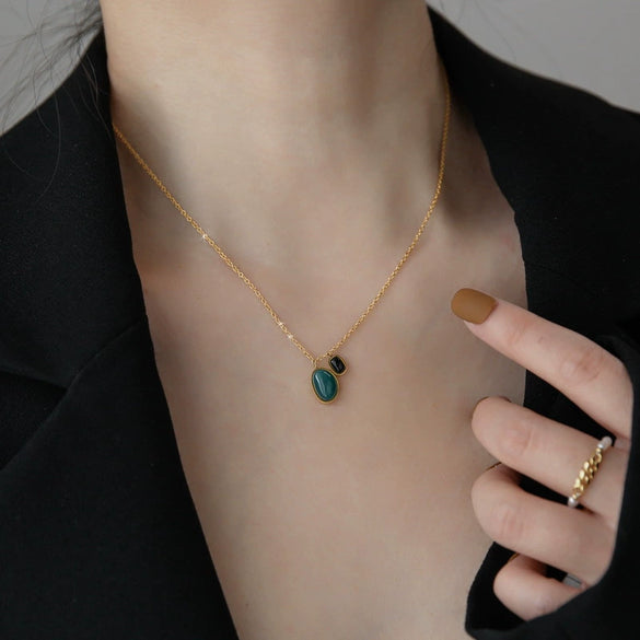 Fashionable Retro Green Agate Titanium Steel Double Pendant Clavicle Necklace For Women