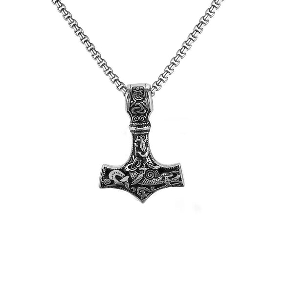 Fashionable Retro Men's Titanium Steel Thor Hammer Pendant Necklace With Baking Paint And Cartoon Characters Pattern