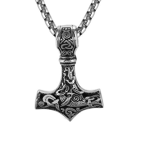 Fashionable Retro Men's Titanium Steel Thor Hammer Pendant Necklace With Baking Paint And Cartoon Characters Pattern