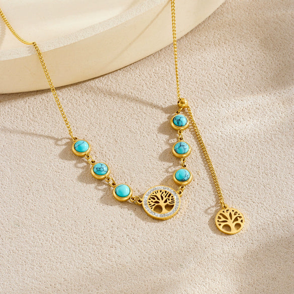 Fashionable Retro Round Tree Of Life Pendant Tassel Goldplated Stainless Steel Necklace For Women
