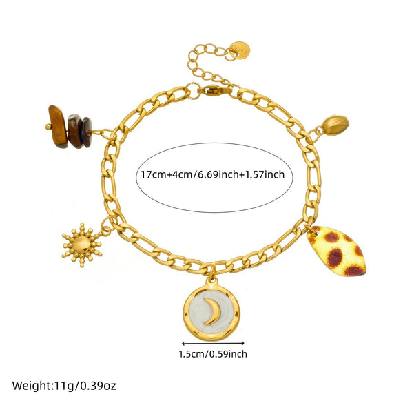 Fashionable Retro White Goldplated Moon Round Stainless Steel Leopard Print Gravel Bracelet For Women Maillard Minimalist Style