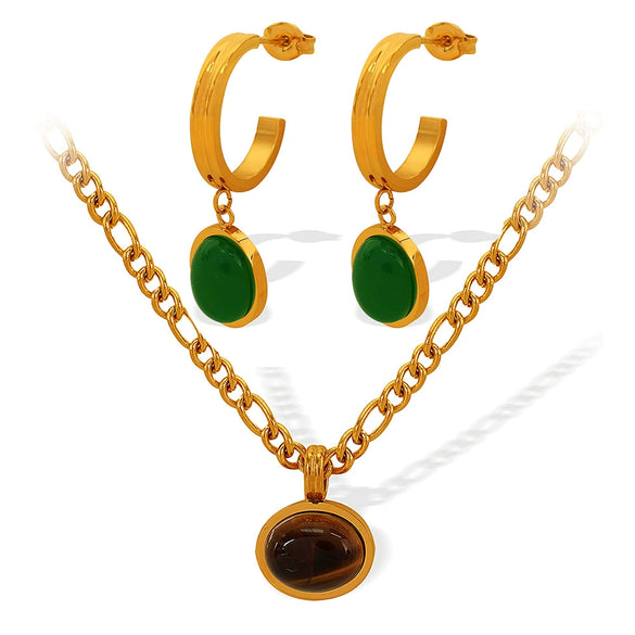 Fashionable Retro Women's 316L Stainless Steel And Organic Glass Earrings Necklace Set With Round Pattern And Electroplating Treatment
