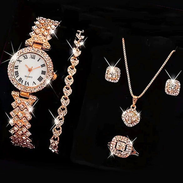 Fashionable Roman Pattern Diamondencrusted Women's Quartz Watches With Alloy Case And Strap Round Dial
