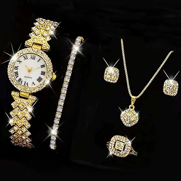 Fashionable Roman Pattern Diamondencrusted Women's Quartz Watches With Alloy Case And Strap Round Dial
