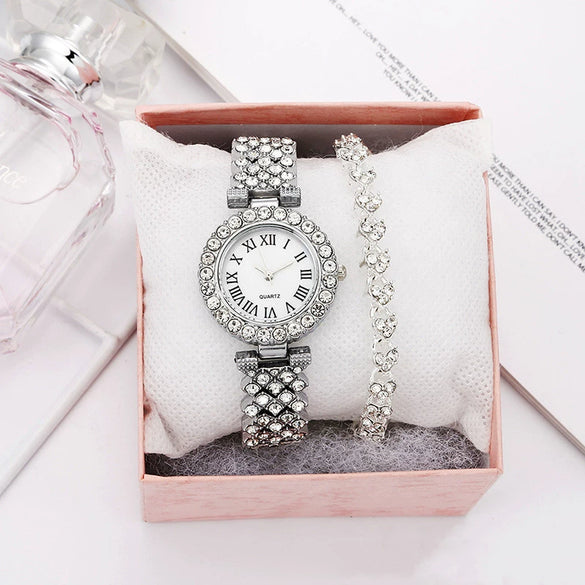 Fashionable Roman Pattern Diamondencrusted Women's Quartz Watches With Alloy Case And Strap Round Dial