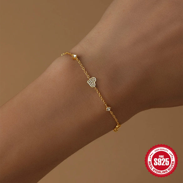 Fashionable S925 Sterling Silver Hollow Love Shaped Geometric Pattern Electroplated Women's Bracelet