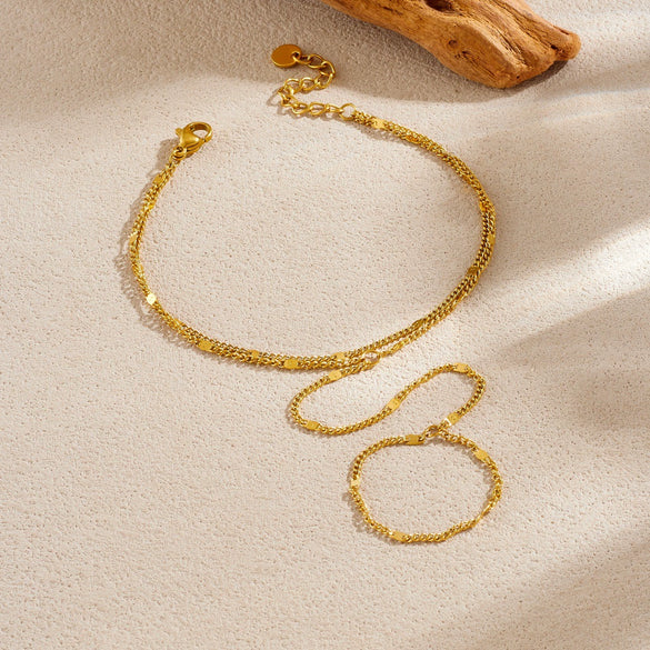 Fashionable Simple Design Doublelayered Thin Chain Goldplated Stainless Steel Ring Bracelet Integrated Hand Chain For Women