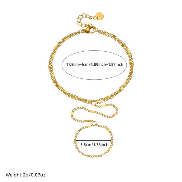 Fashionable Simple Design Doublelayered Thin Chain Goldplated Stainless Steel Ring Bracelet Integrated Hand Chain For Women