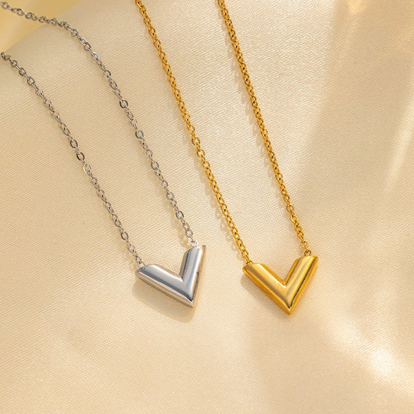 Fashionable Simple Luxury V Shaped Female Necklace Suit With Titanium Steel Pendant In Letters Numbers Text Shape And Electroplating Design