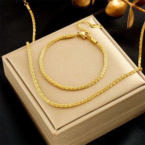Fashionable Simple Niche Design Light Luxury Elegant Titanium Steel Rotating Thread Twist Chain Necklace Bracelet Suit With Geometric Pattern And Electroplating Treatment