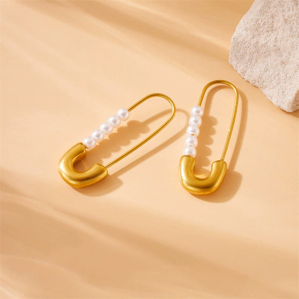Fashionable Simple Stainless Steel Pearl Jewelry Earrings Goldplated Paper Clip Pin Shape