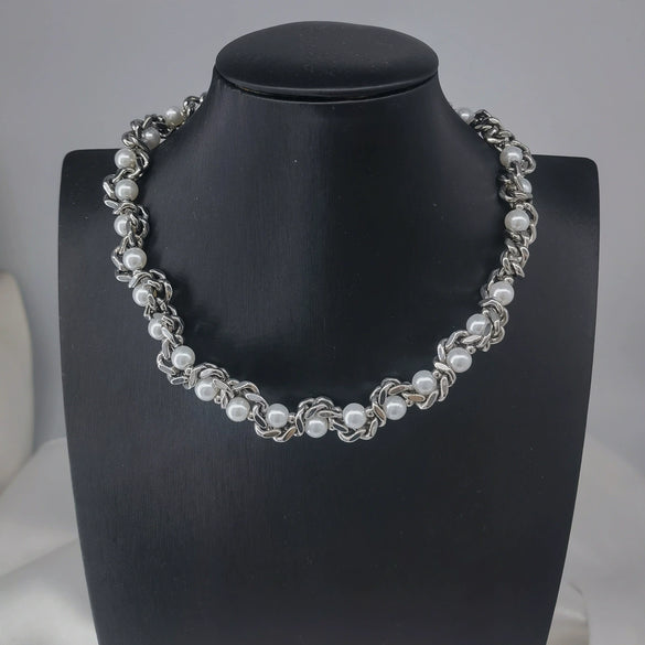 Fashionable Stainless Steel Imitation Pearl Agate Beaded Cuban Chain Necklace Unisex Polish Style