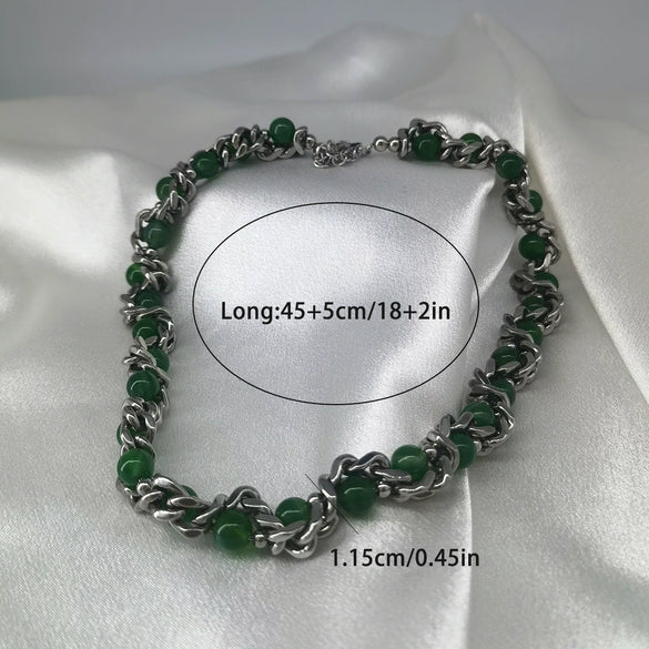 Fashionable Stainless Steel Imitation Pearl Agate Beaded Cuban Chain Necklace Unisex Polish Style