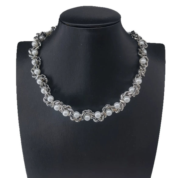 Fashionable Stainless Steel Imitation Pearl Agate Beaded Cuban Chain Necklace Unisex Polish Style
